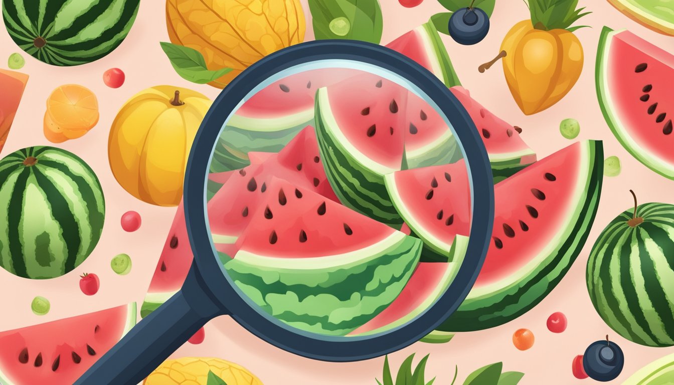 A watermelon surrounded by various fruits, with a magnifying glass focusing on its sugar content