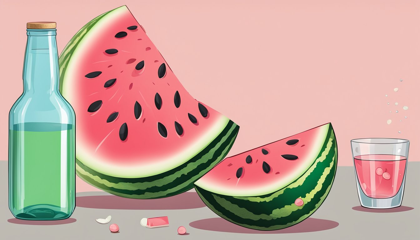 A ripe watermelon with a slice cut out and seeds visible, surrounded by a glass of water and a bottle of laxatives