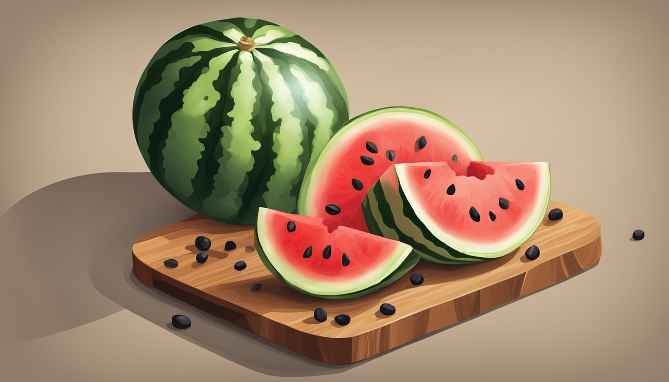 A ripe watermelon sliced open, with juicy red flesh and black seeds, sitting on a wooden cutting board