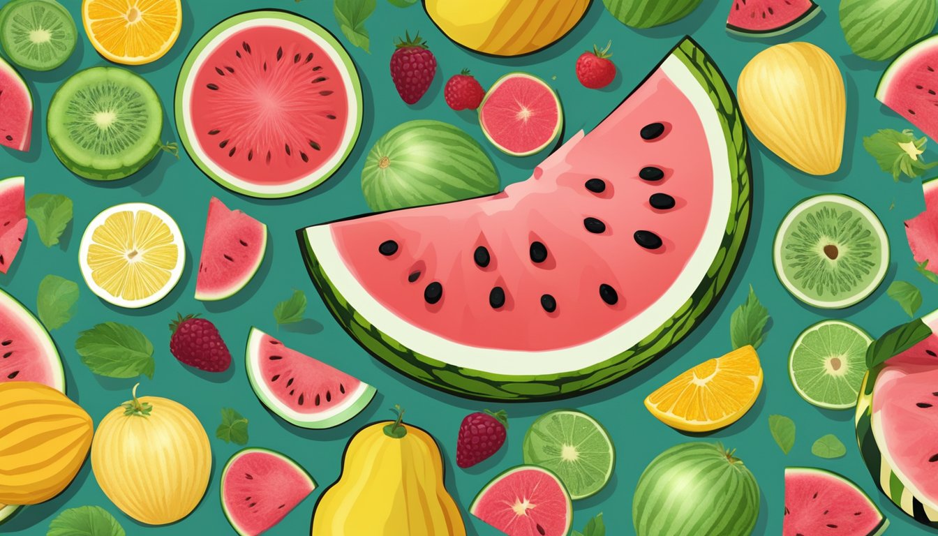 A watermelon sliced open, surrounded by various fruits and a measuring tape