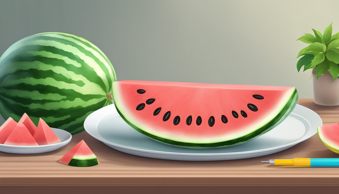 A sliced watermelon on a plate with a pH testing strip next to it