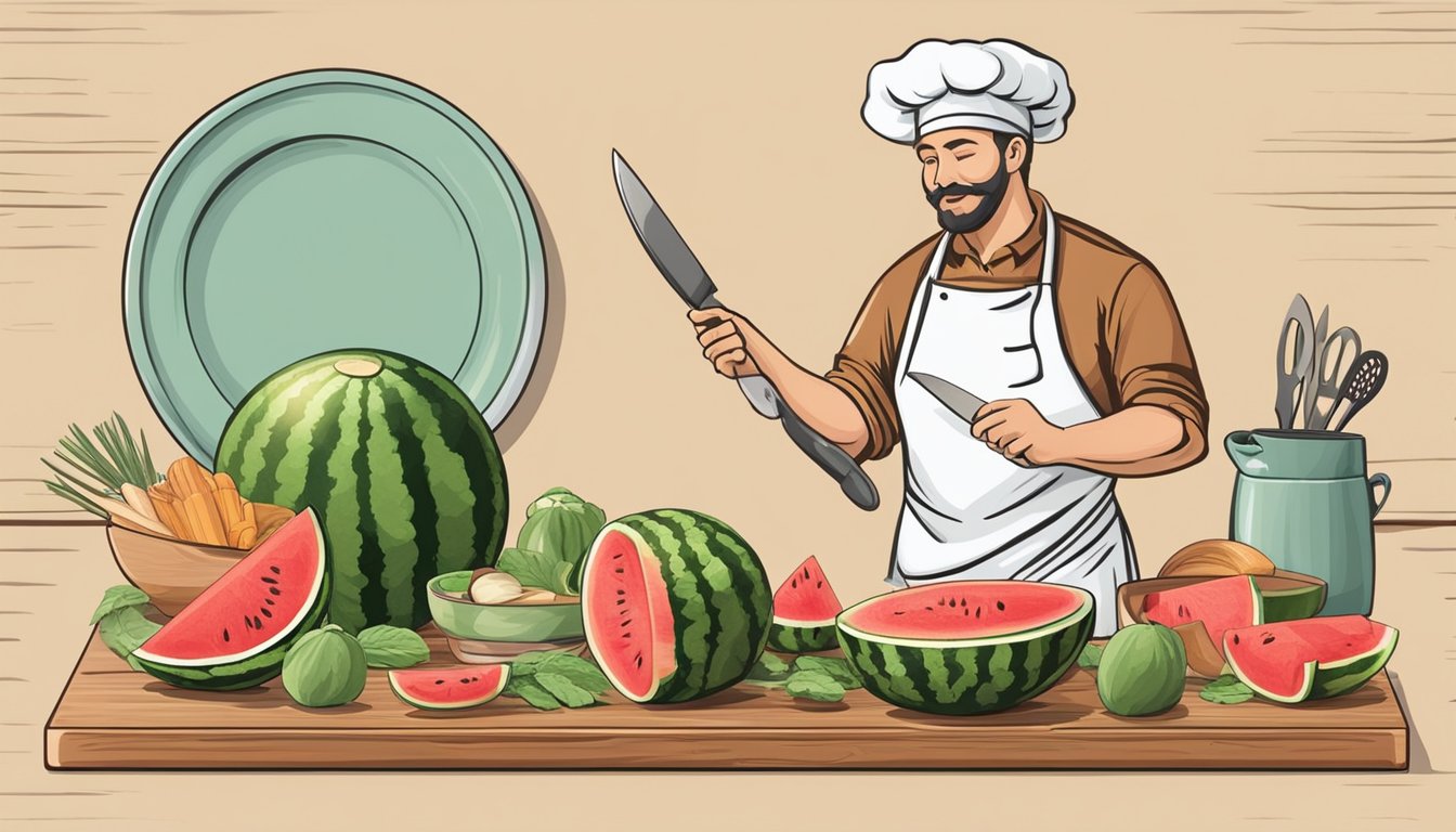 A chef slicing a watermelon with a knife on a wooden cutting board surrounded by various kitchen utensils and ingredients