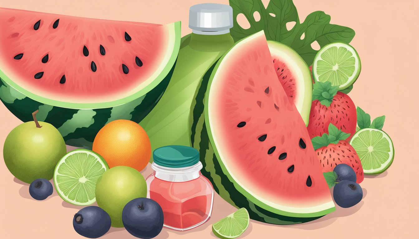 A watermelon slice surrounded by various fruits, with a bottle of antacid nearby