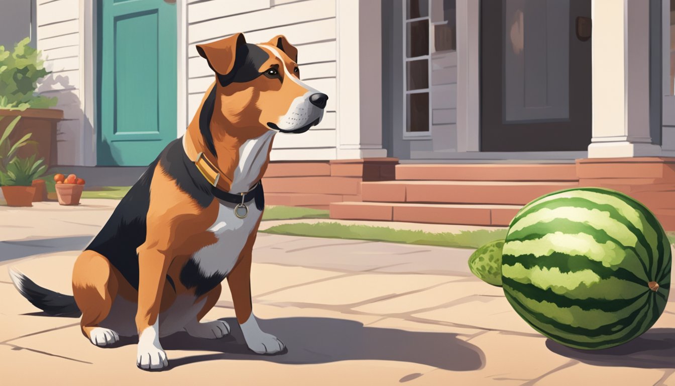 A dog eagerly approaches a sliced watermelon on the ground, while a concerned owner looks on from a distance