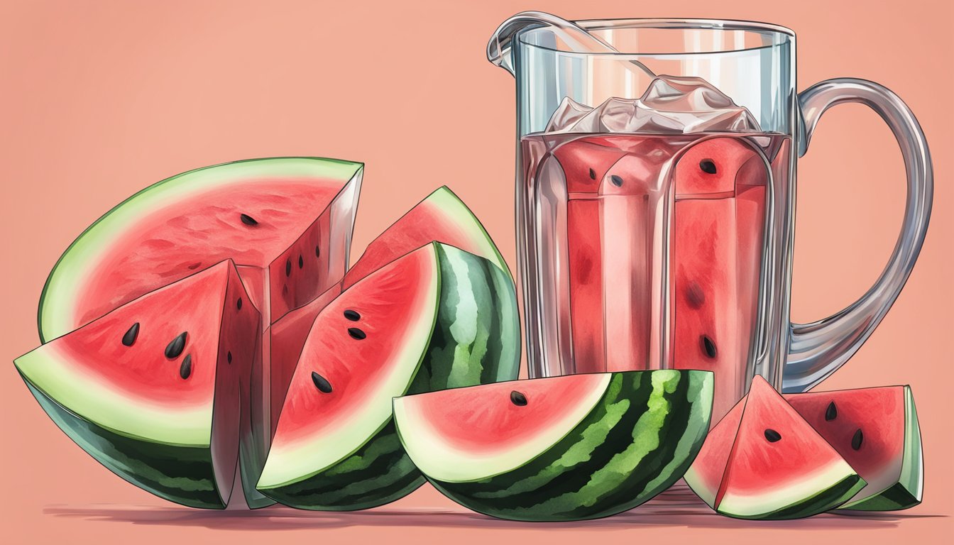 A ripe watermelon sliced into wedges, with a clear glass of water nearby