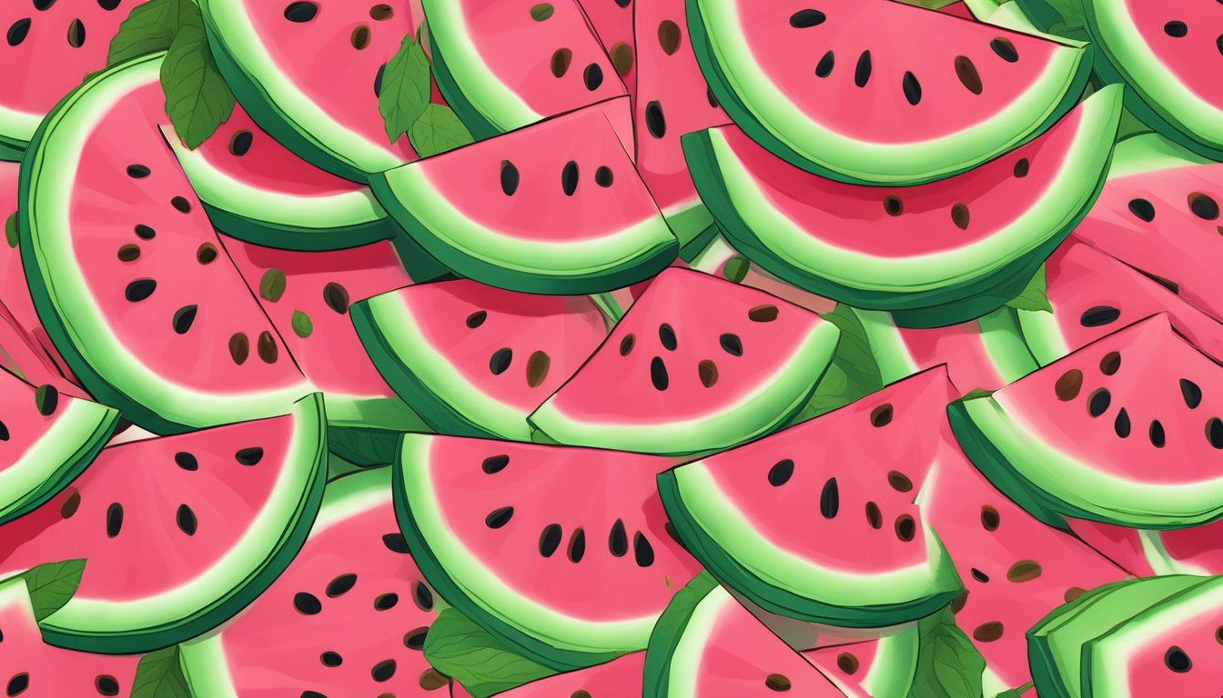 A ripe watermelon sliced open, revealing the vibrant pink flesh and seeds, surrounded by scattered green rinds