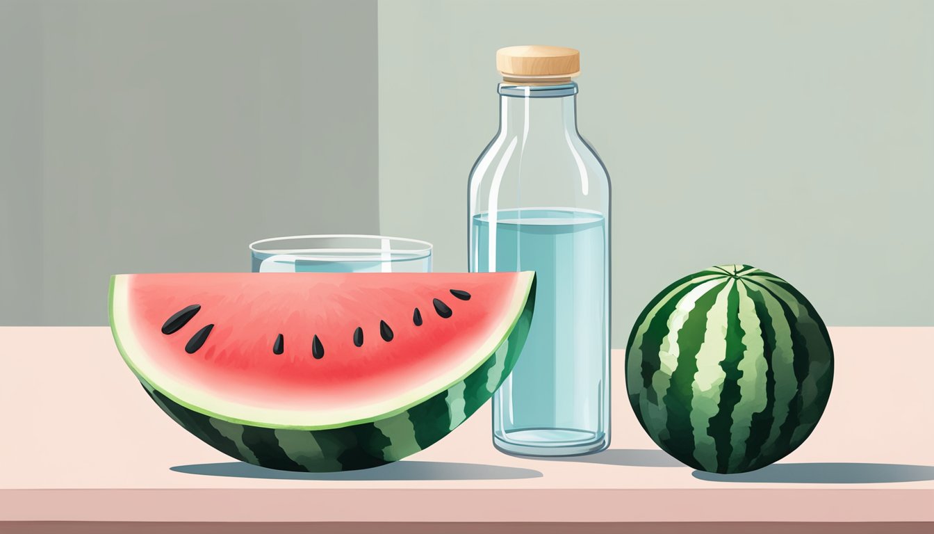 A watermelon slice sitting on a table, surrounded by a glass of water and a pill bottle