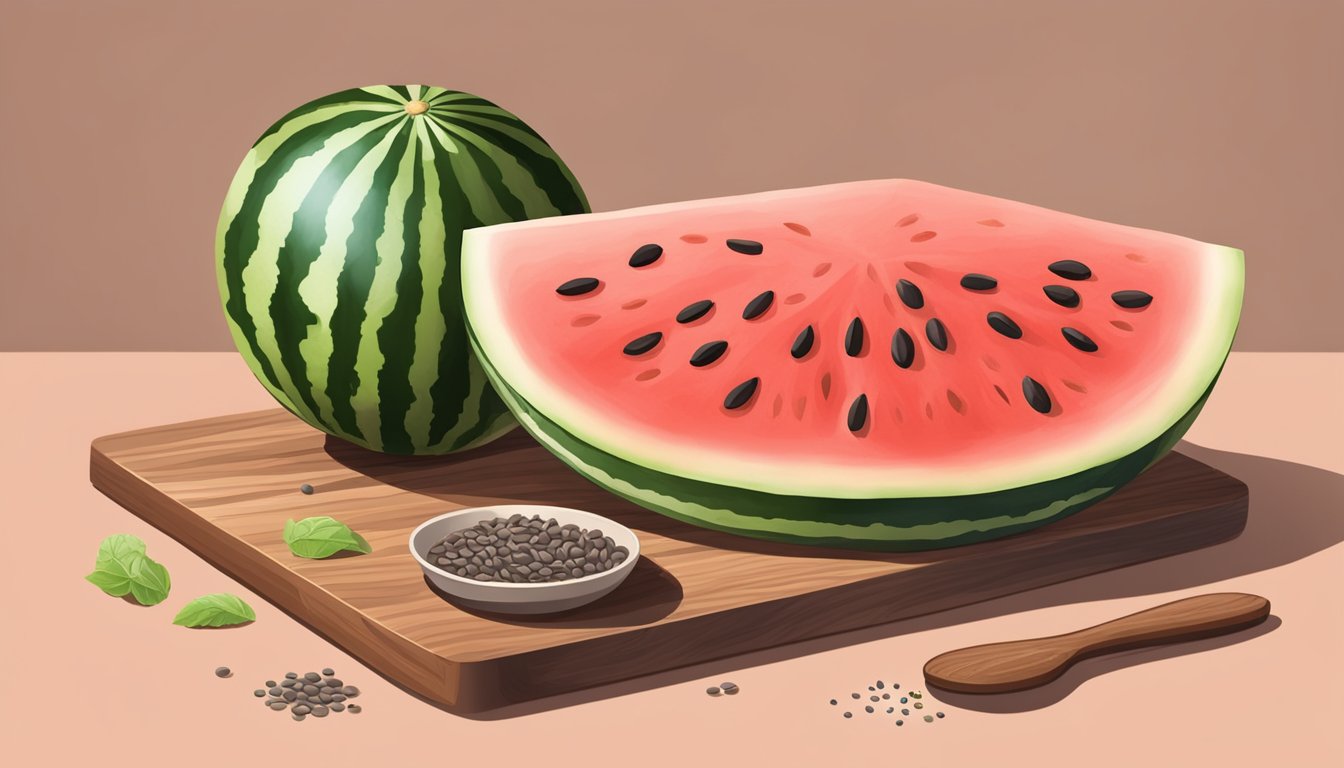 A watermelon sitting on a wooden cutting board, surrounded by slices and seeds, with a measuring cup of potassium next to it