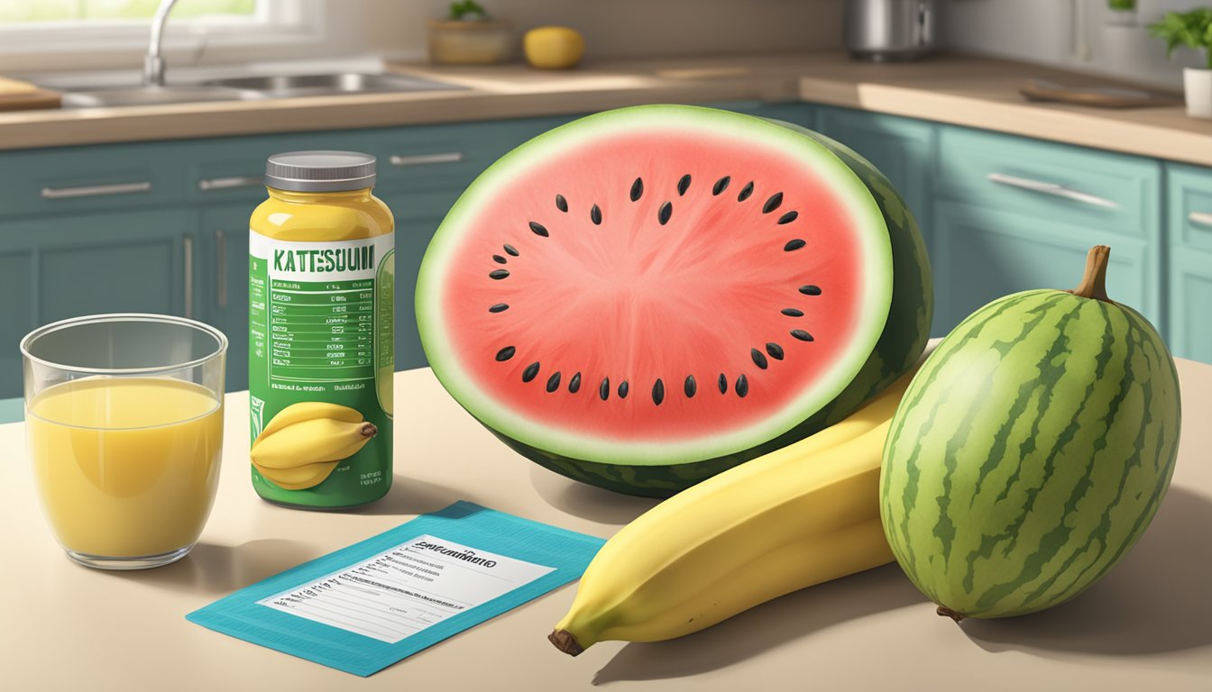 A watermelon and a banana on a kitchen counter, with a nutrition label and a measuring cup of potassium next to them