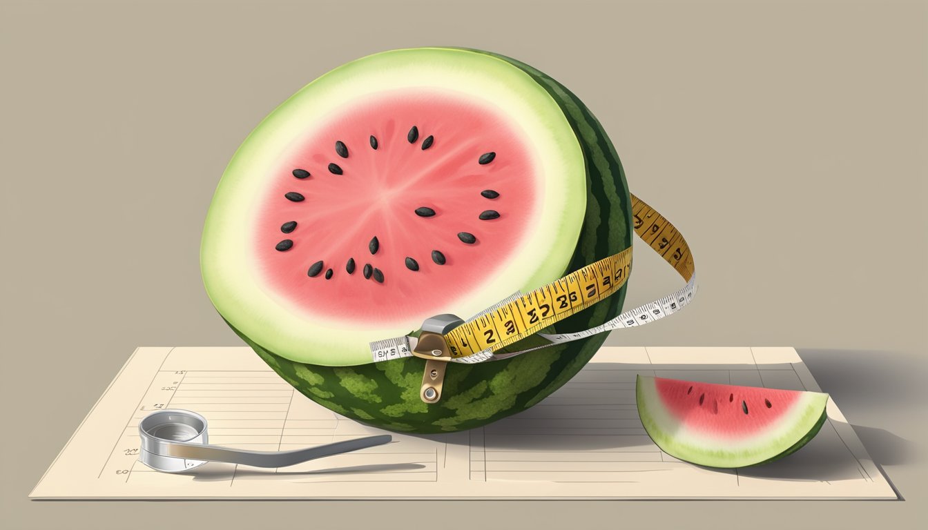 A baby-sized watermelon being sliced open, revealing its juicy pink flesh and seeds, with a measuring tape and a nutrition chart beside it