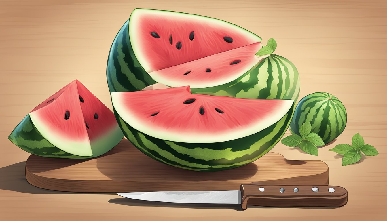 A watermelon sliced open, with a few pieces on a cutting board and a knife nearby