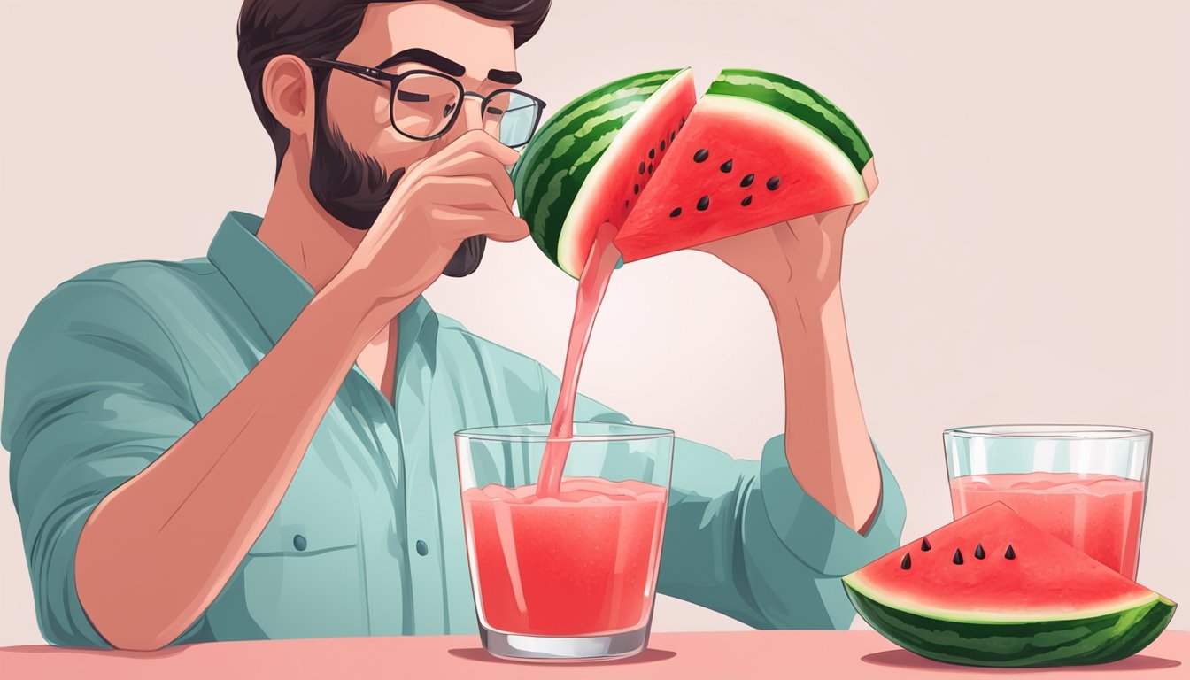 A person pouring fresh watermelon juice into a glass with a slice of watermelon on the side