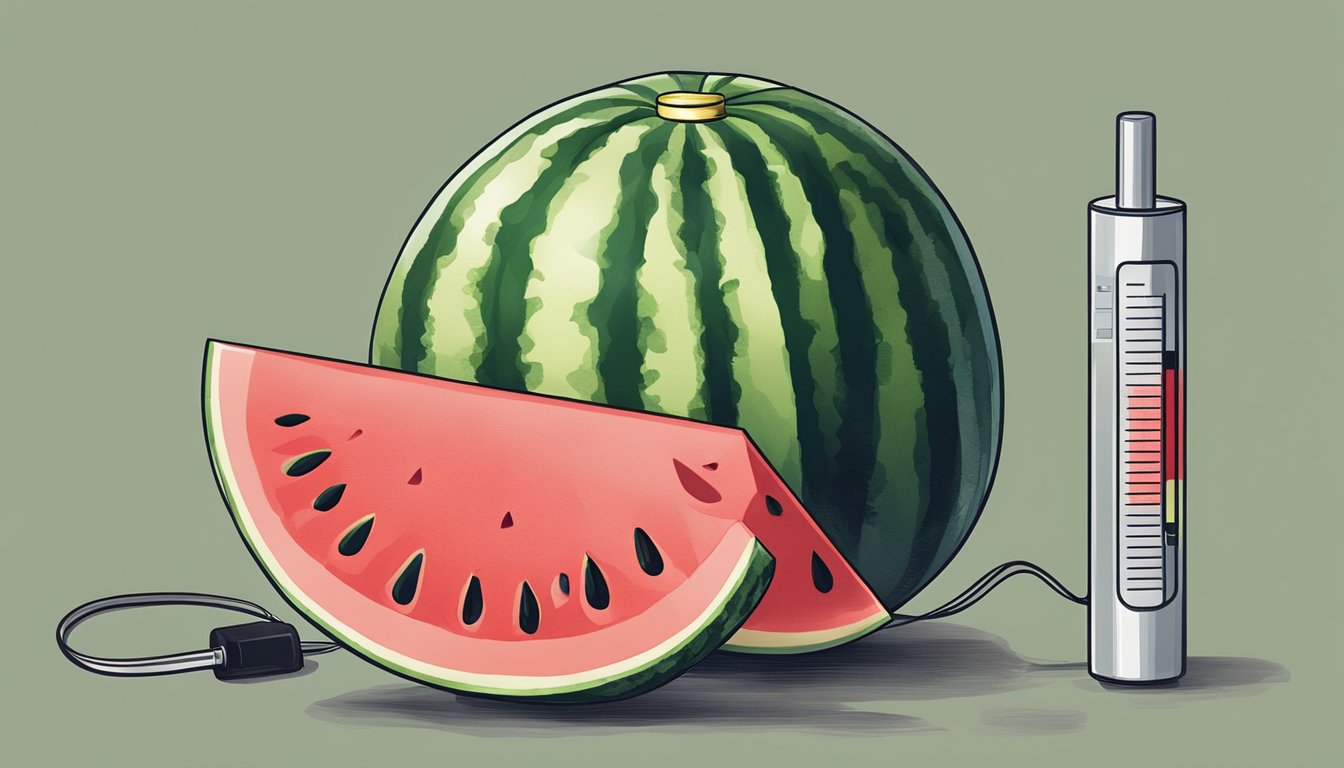 A watermelon sliced open with a measuring tape wrapped around it, and a blood sugar meter nearby