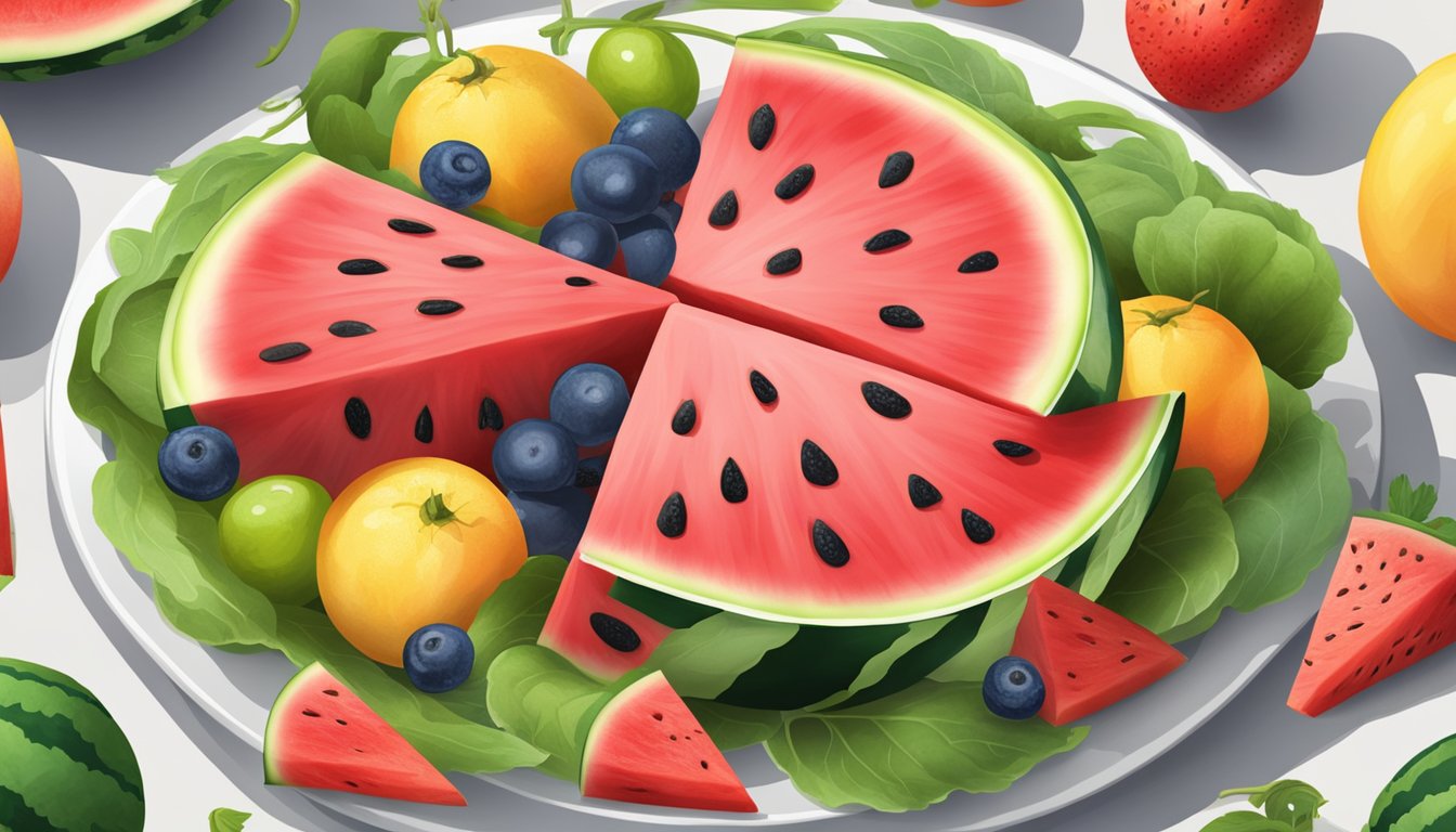 A refreshing watermelon slice on a plate surrounded by colorful fruits and vegetables