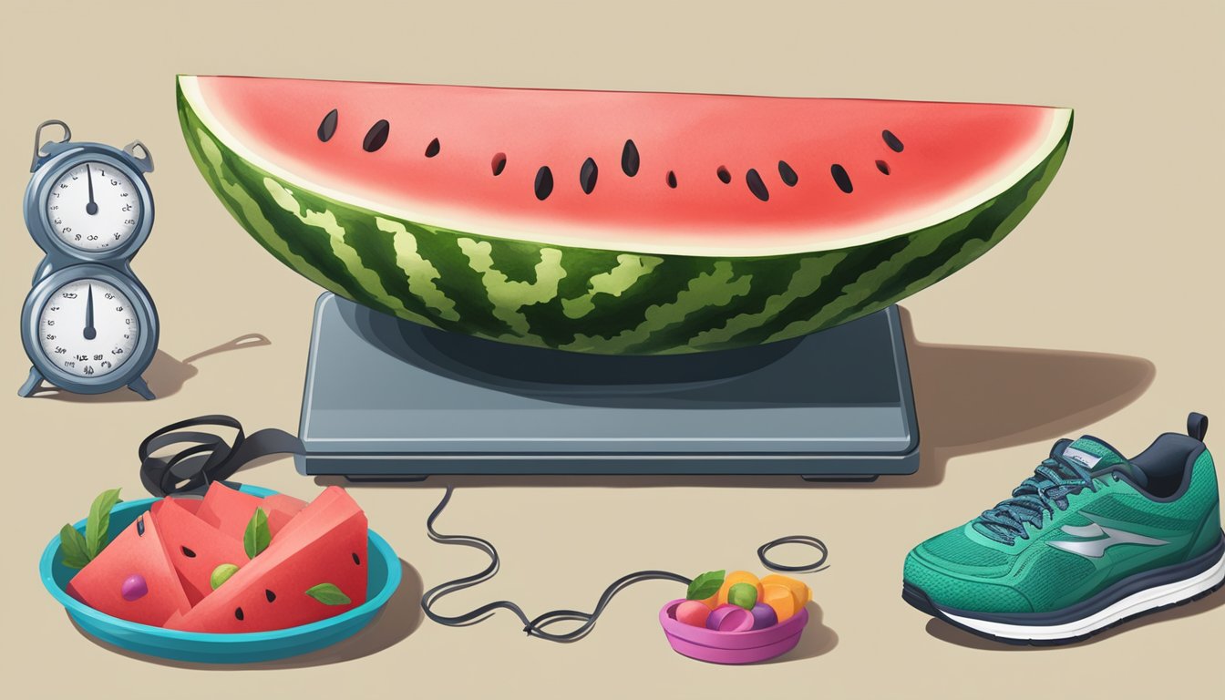 A watermelon sitting on a scale, surrounded by measuring tape and a pair of running shoes