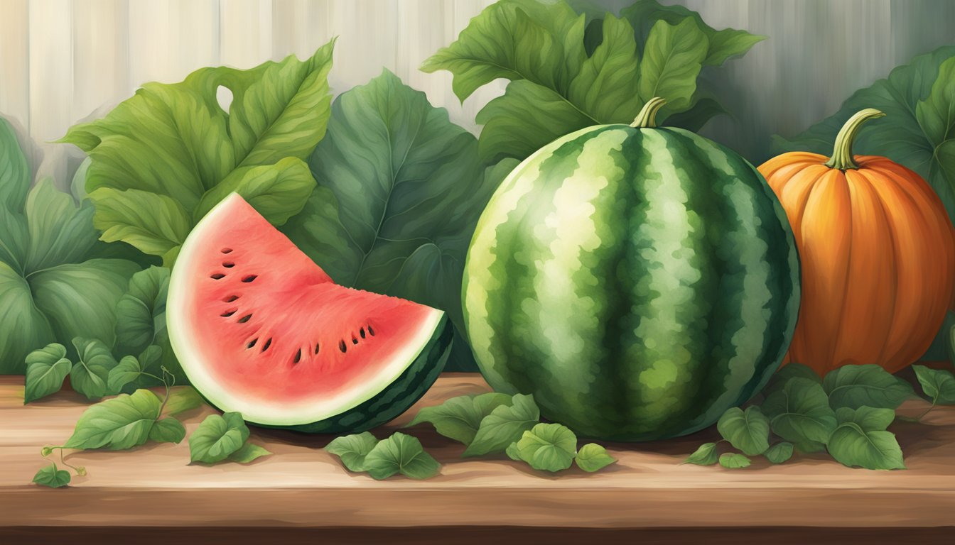 A watermelon and pumpkin sit side by side, their large, vibrant leaves spreading outwards, creating a striking contrast in size and color