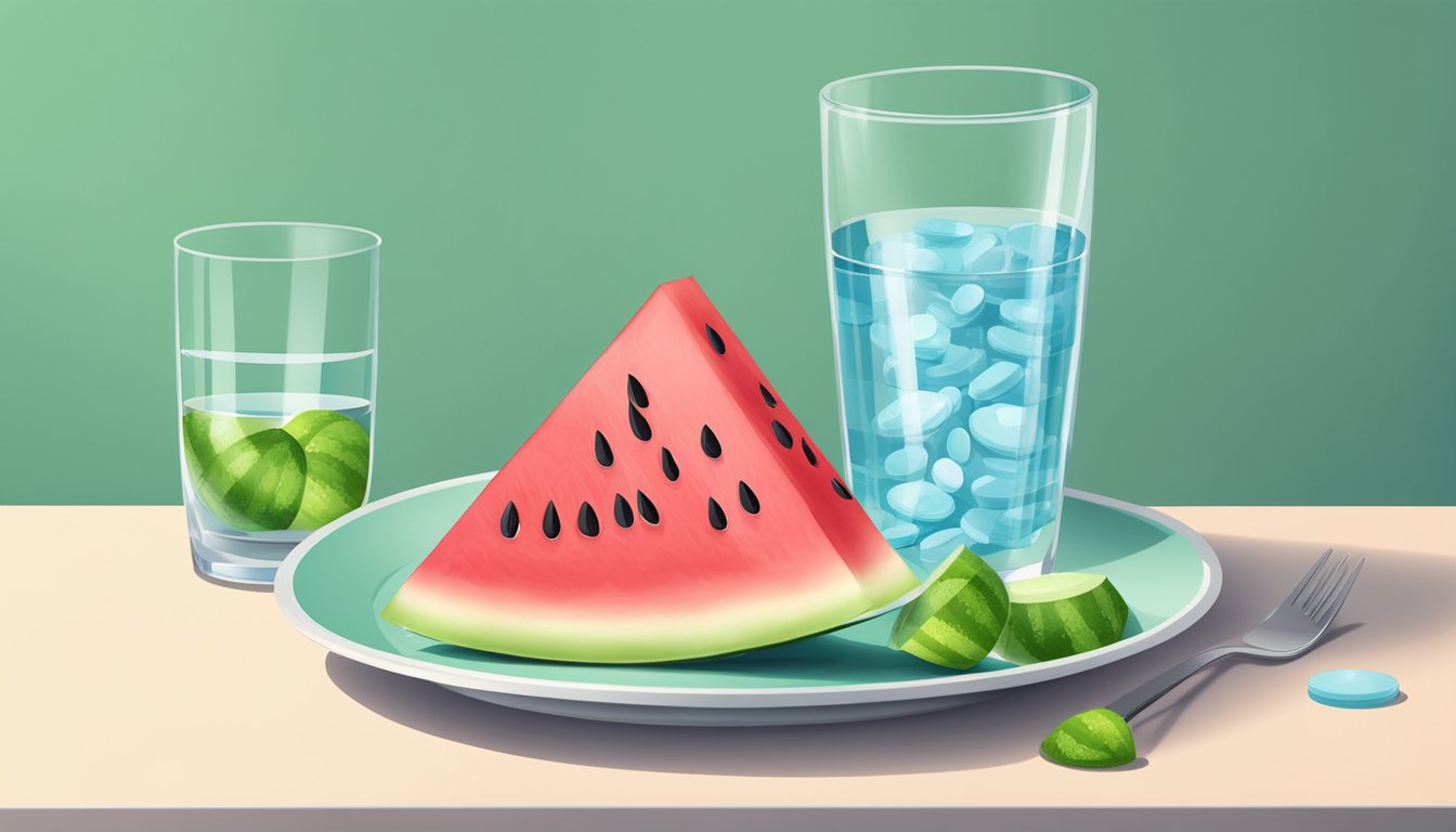 A slice of watermelon on a plate, surrounded by antacid tablets and a glass of water