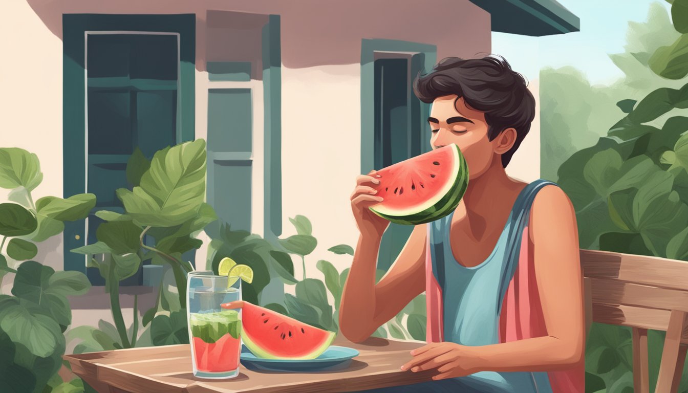 A person eating watermelon in a cozy outdoor setting, surrounded by greenery and sipping on a glass of water