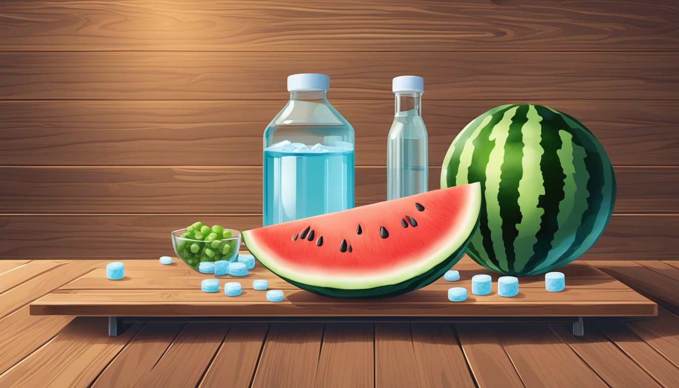 A watermelon slice surrounded by antacid tablets and a glass of water on a wooden table