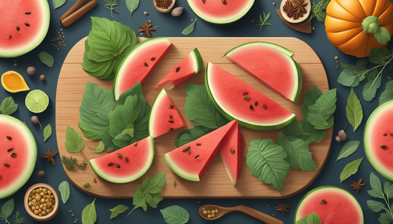 Watermelon slices and pumpkin leaves arranged on a wooden cutting board, surrounded by various herbs and spices