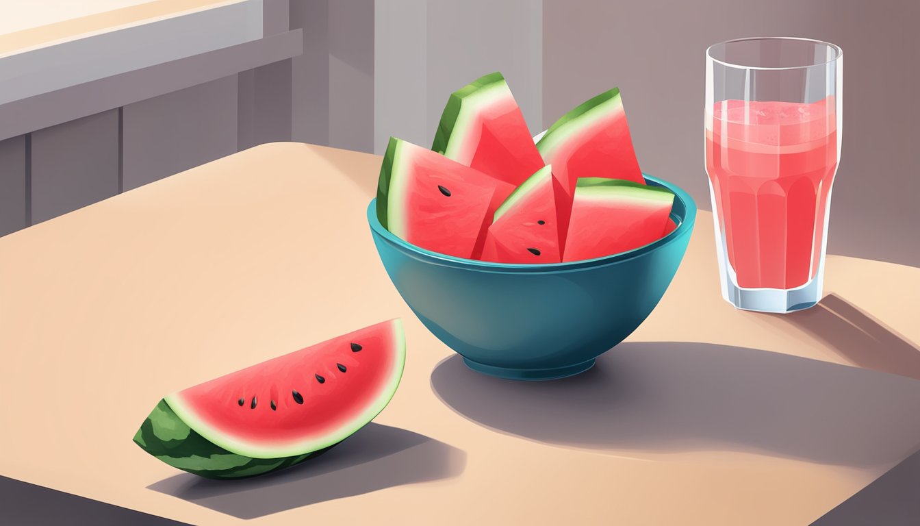 A bowl of ripe watermelon chunks next to a glass of watermelon juice on a breakfast table