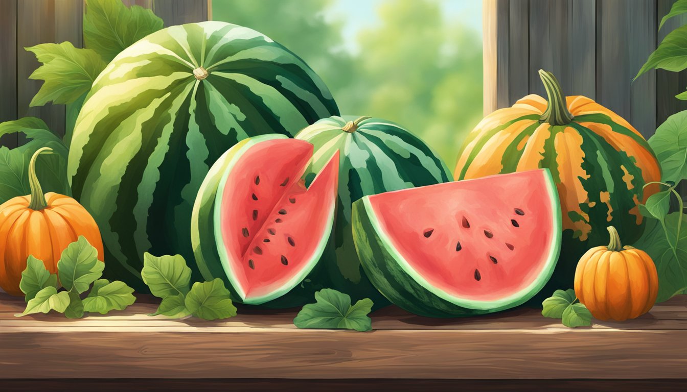 A watermelon and pumpkin leaves sit side by side on a rustic wooden table, surrounded by vibrant green foliage. The sun casts a warm glow on the contrasting textures and colors of the two plants