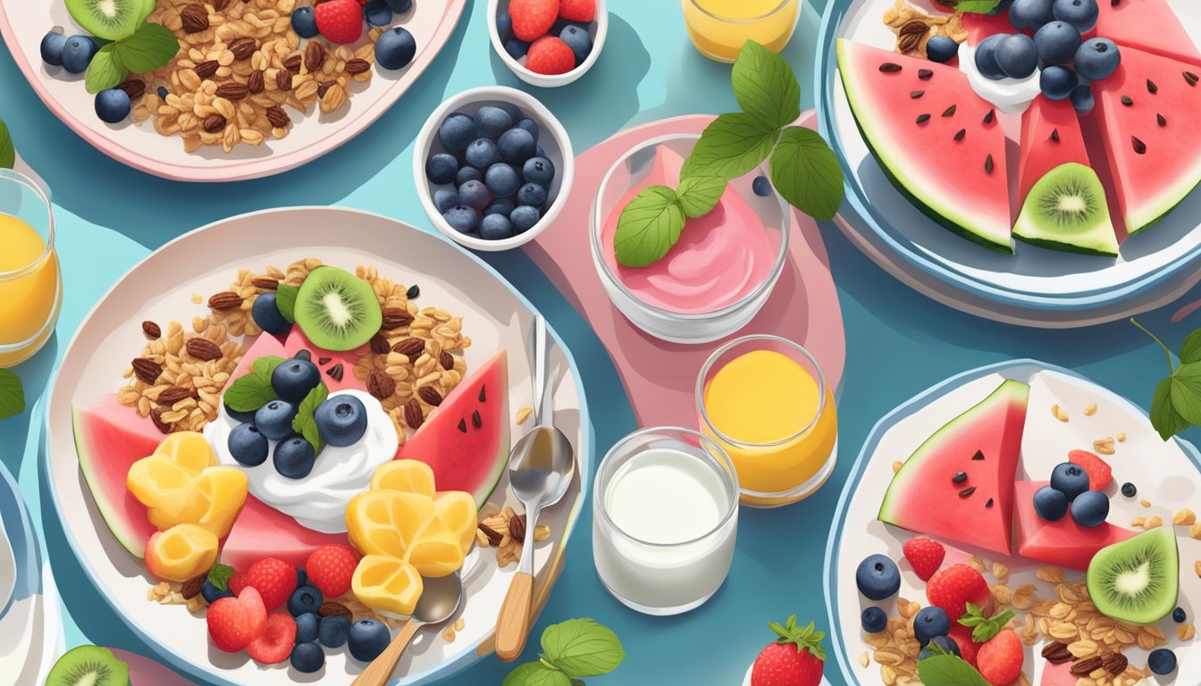 A colorful breakfast spread with watermelon slices, yogurt, granola, and fresh berries on a sunny outdoor table