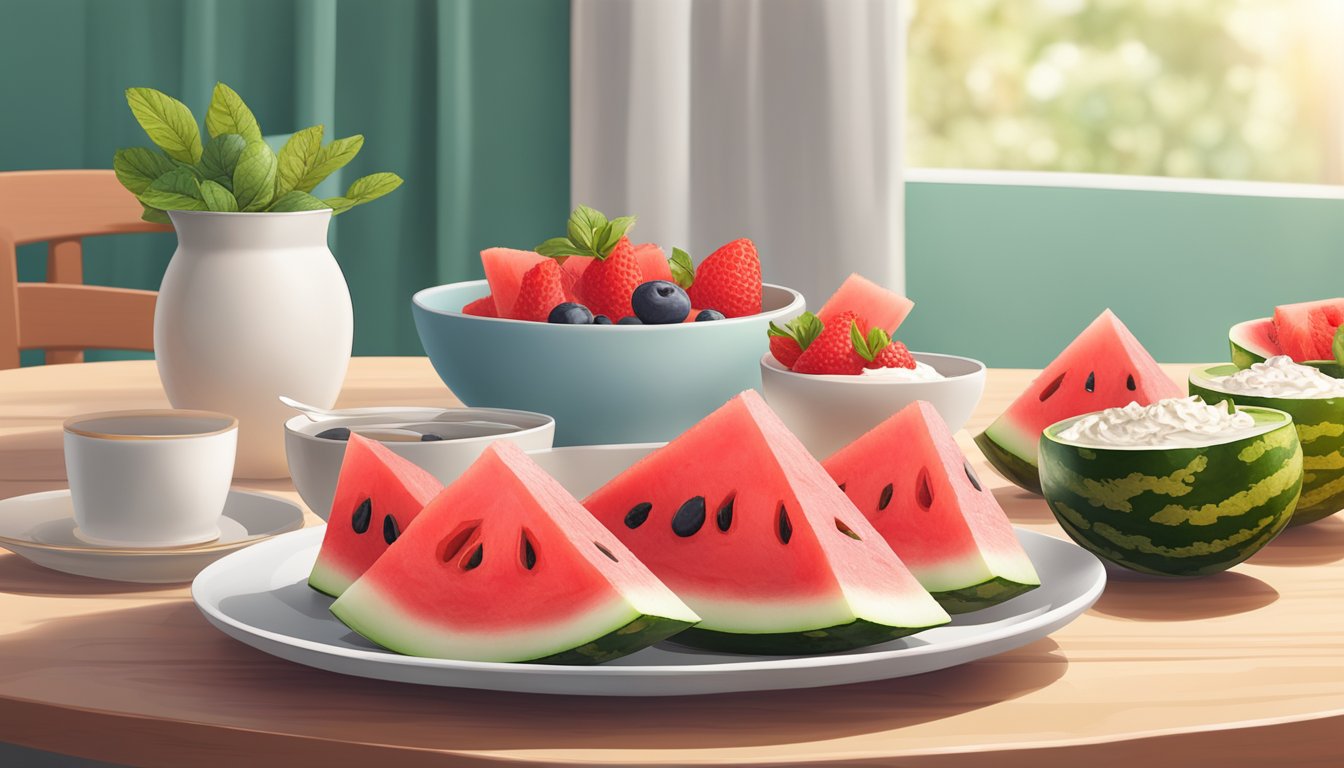 A watermelon sliced into wedges arranged on a plate with a dollop of yogurt and a sprinkle of granola, set against a backdrop of a sunny breakfast table