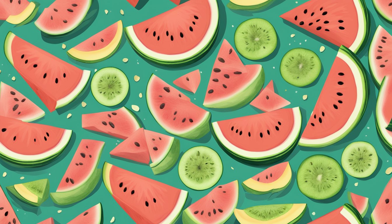 A sliced watermelon and cantaloupe surrounded by scattered seeds and a glass of water