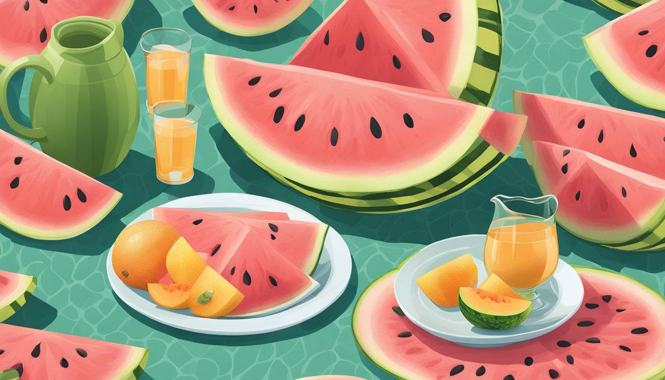 A picnic blanket with a sliced watermelon and cantaloupe on plates, surrounded by a cooler and a pitcher of water