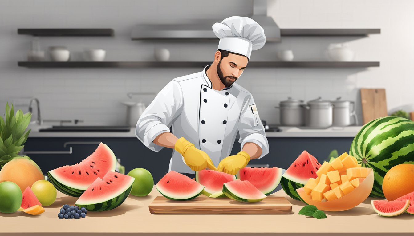 A chef wearing gloves slices watermelon and cantaloupe on separate cutting boards. Each fruit is then placed in separate, clean containers for storage