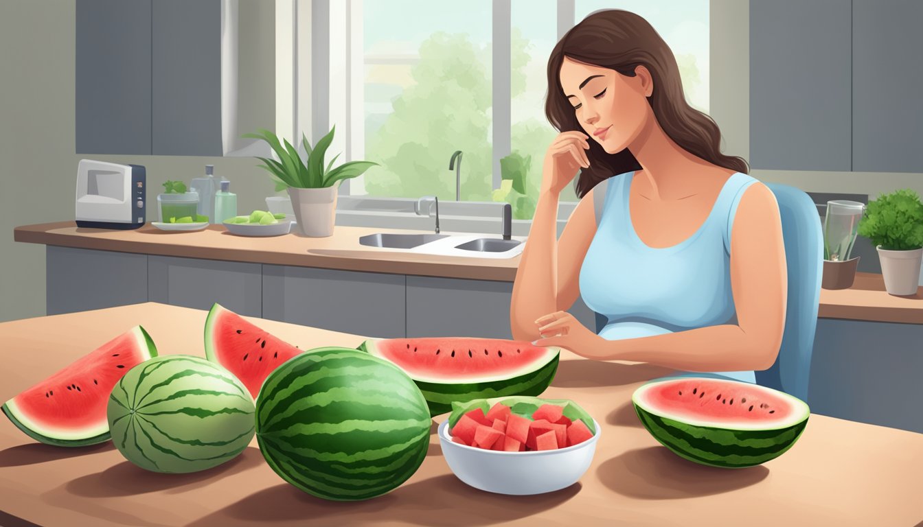 A pregnant woman sitting at a table, surrounded by a variety of fresh watermelon slices. A doctor or nutritionist is discussing managing gestational diabetes and preeclampsia with her