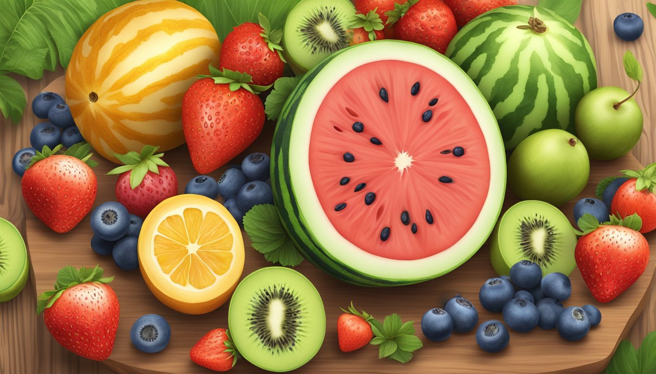 A ripe watermelon surrounded by various colorful alternative fruits, such as strawberries, blueberries, and kiwi, arranged on a wooden cutting board