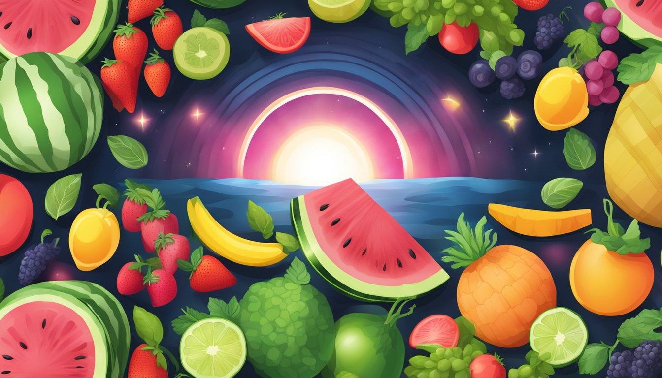 A watermelon slice surrounded by colorful fruits and vegetables, with a glowing halo to emphasize its health benefits