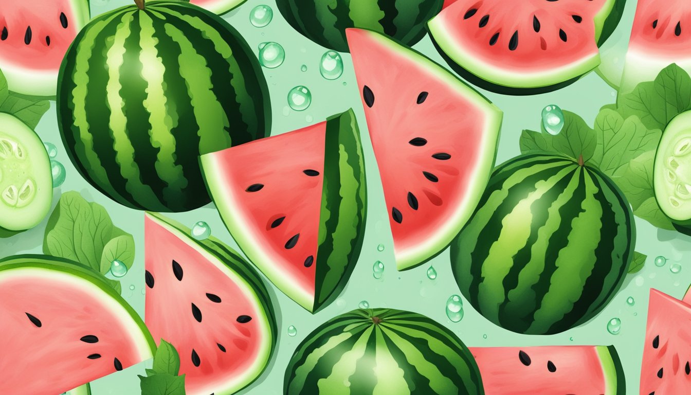 A watermelon and cucumber sit side by side, surrounded by vibrant green leaves and droplets of water, highlighting their fresh and juicy nature