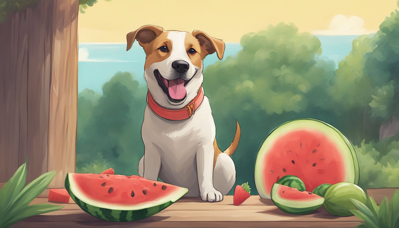 A happy dog licking a watermelon popsicle while another dog eagerly watches nearby