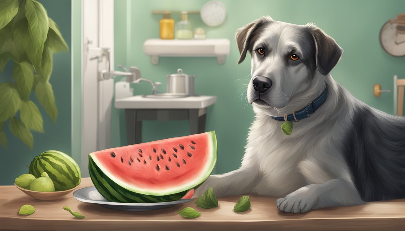 A dog eating watermelon, then showing signs of discomfort and being taken to a veterinarian for treatment