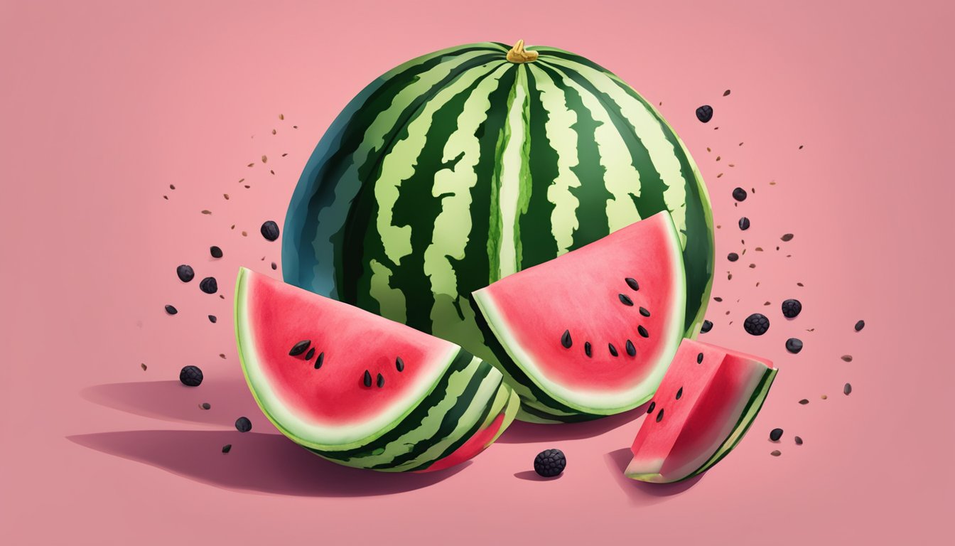 A watermelon split open, revealing its vibrant pink flesh and dark seeds