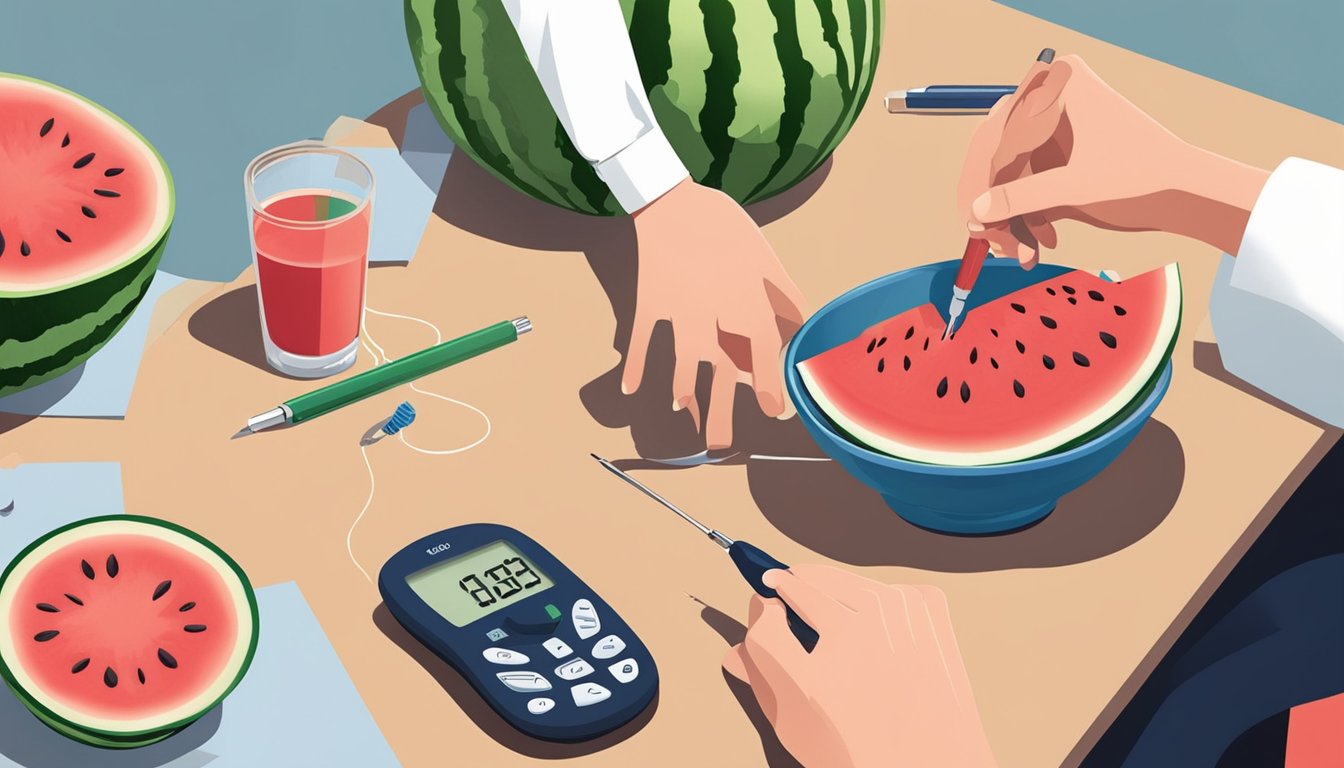 A person cutting up watermelon and placing it in a fruit bowl alongside a blood glucose monitor and insulin pen