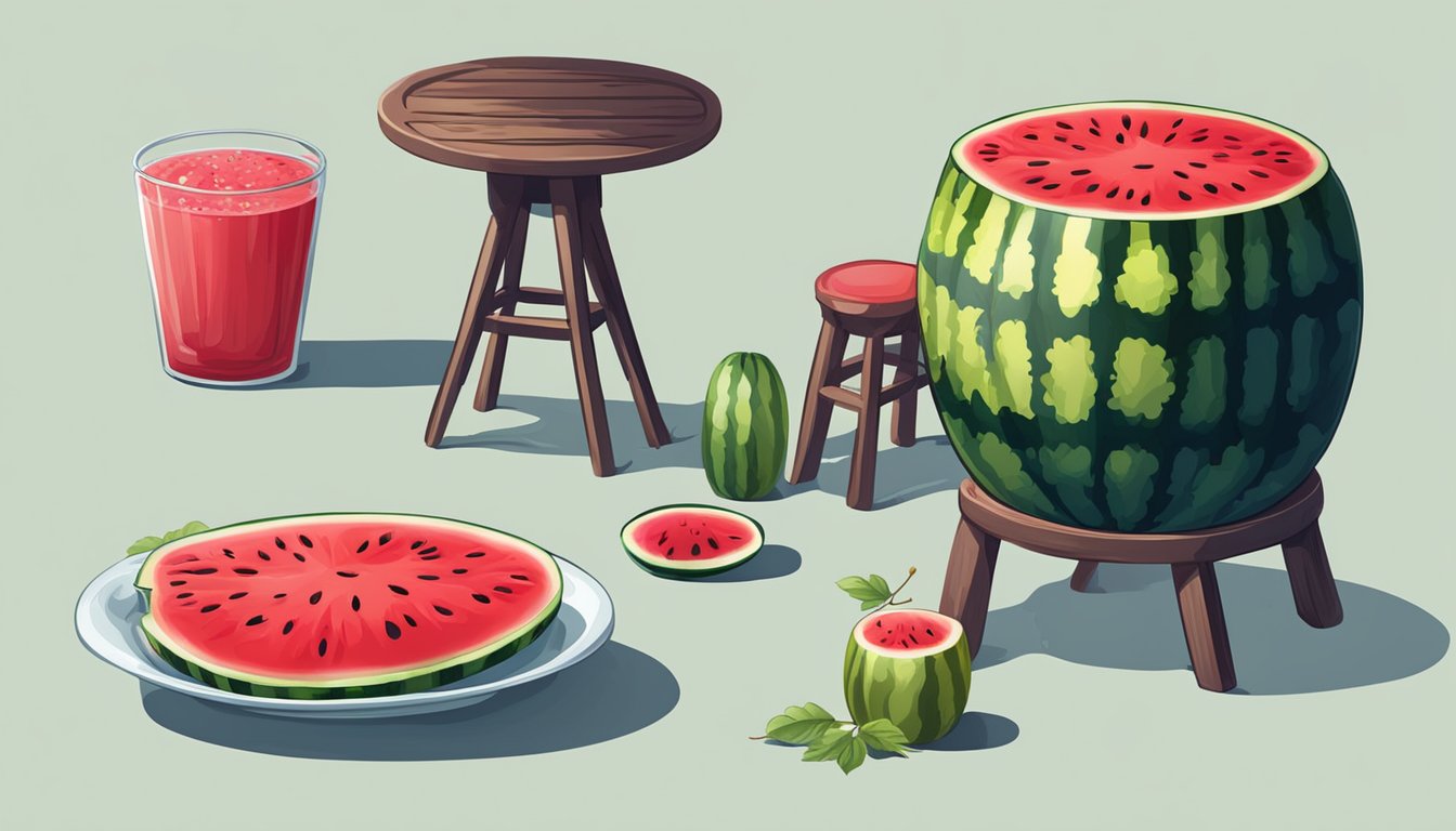 A watermelon and a pool of blood next to a pile of stool