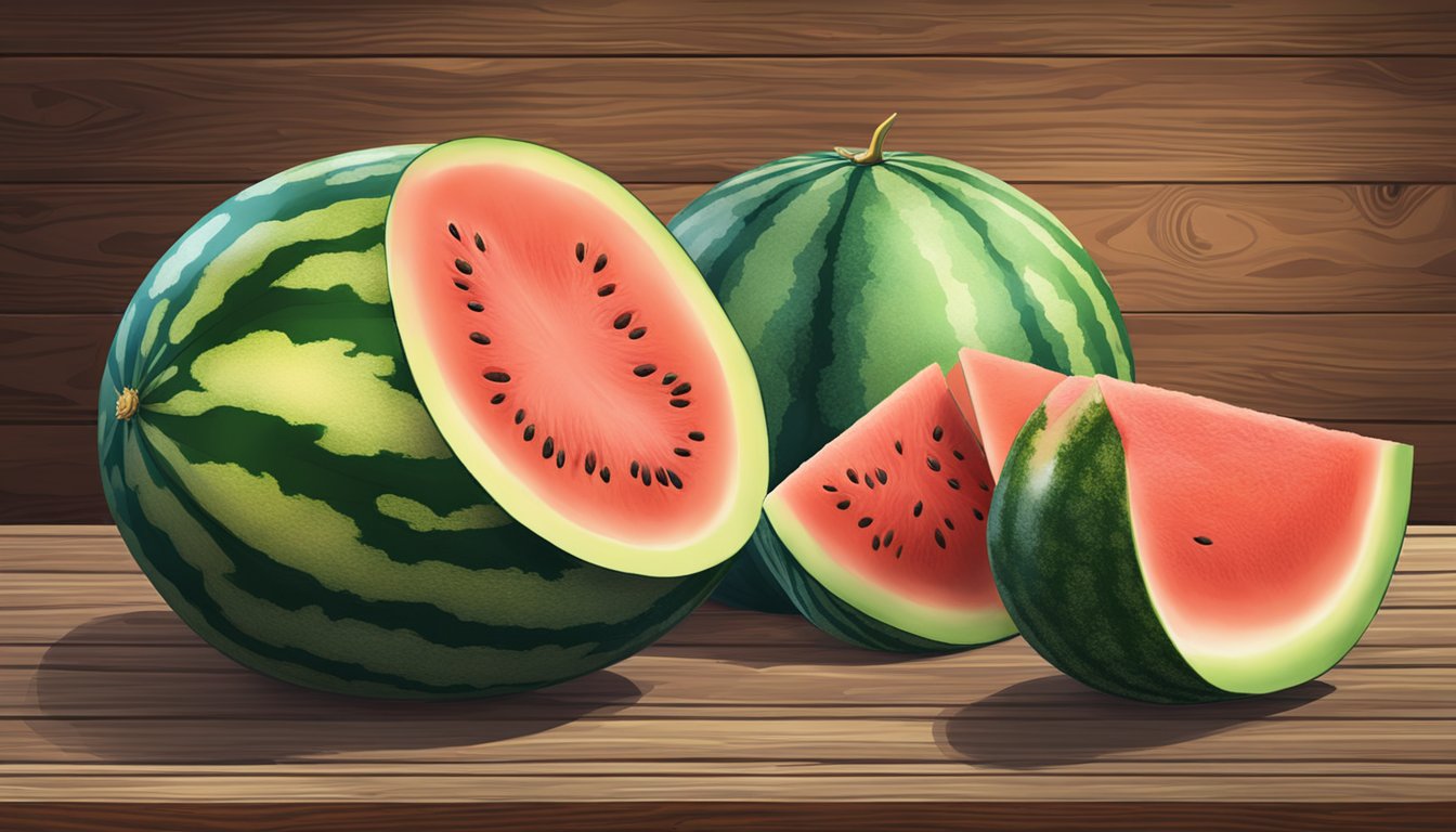 A watermelon and a cantaloupe sit side by side on a rustic wooden table, their vibrant colors and juicy flesh contrasting against each other