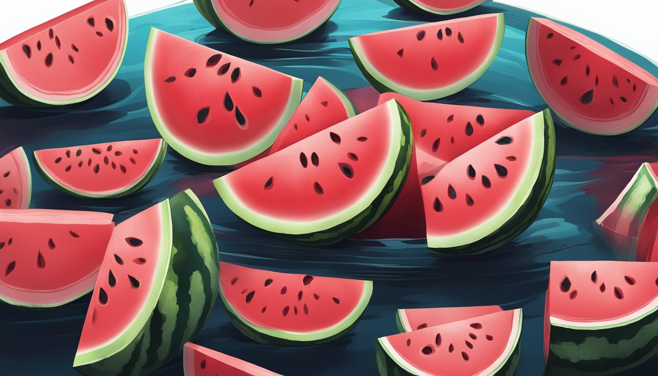 A sliced watermelon with red-stained flesh, surrounded by a pool of dark red liquid