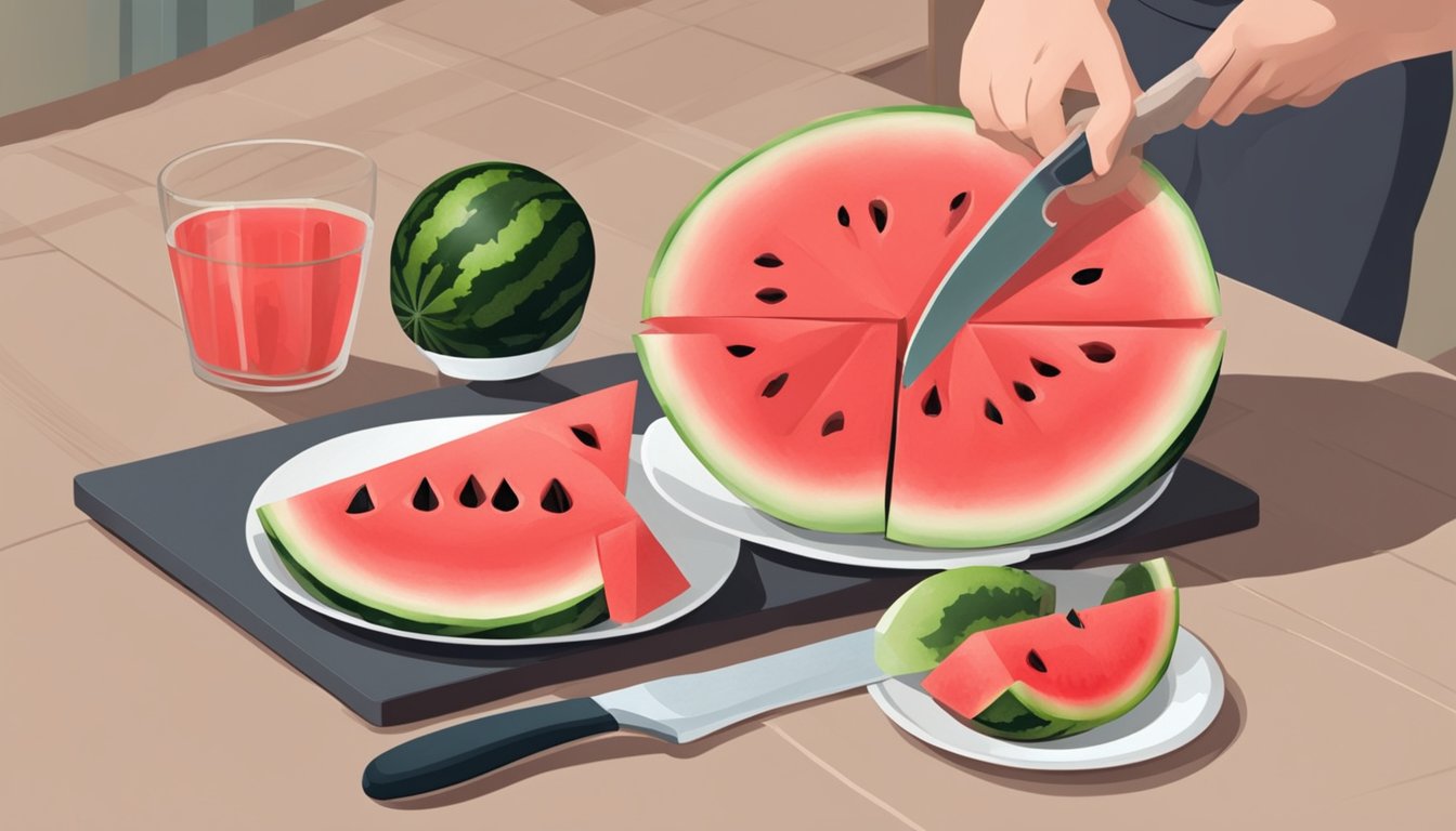 A person cutting watermelon, with a knife and cutting board, with a bowl of watermelon pieces and a stool with a small amount of blood