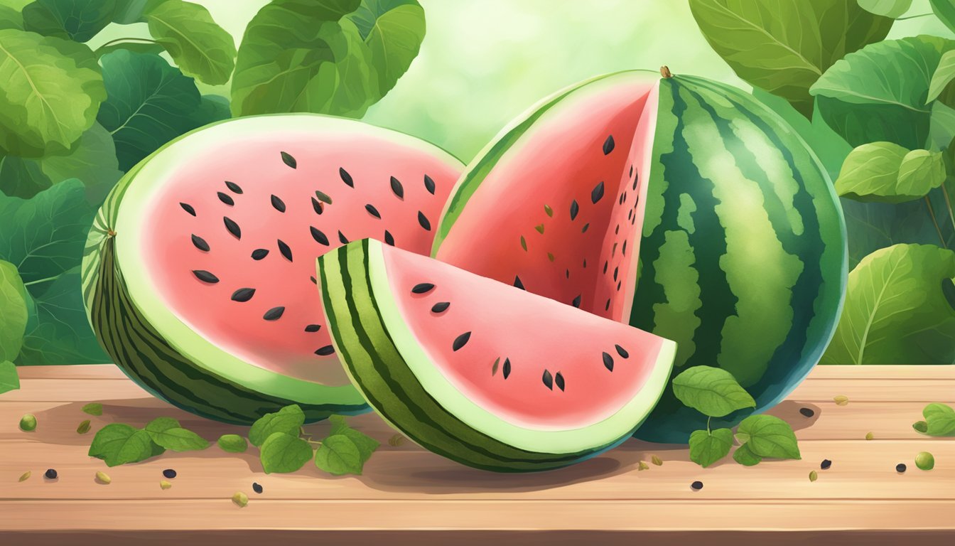 A watermelon and a melon sit side by side on a wooden table, surrounded by vibrant green leaves and a few scattered seeds