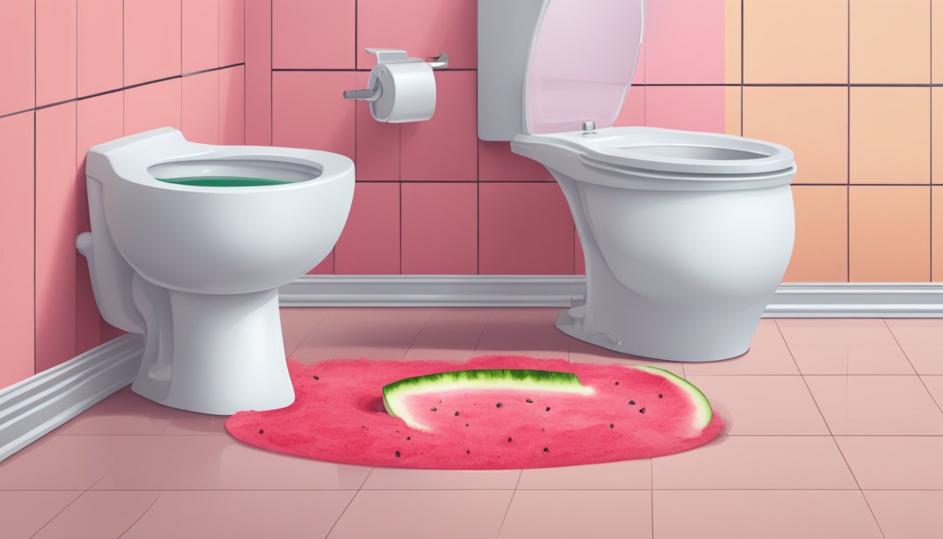 A toilet bowl with red and pink water, and a half-eaten watermelon on the ground