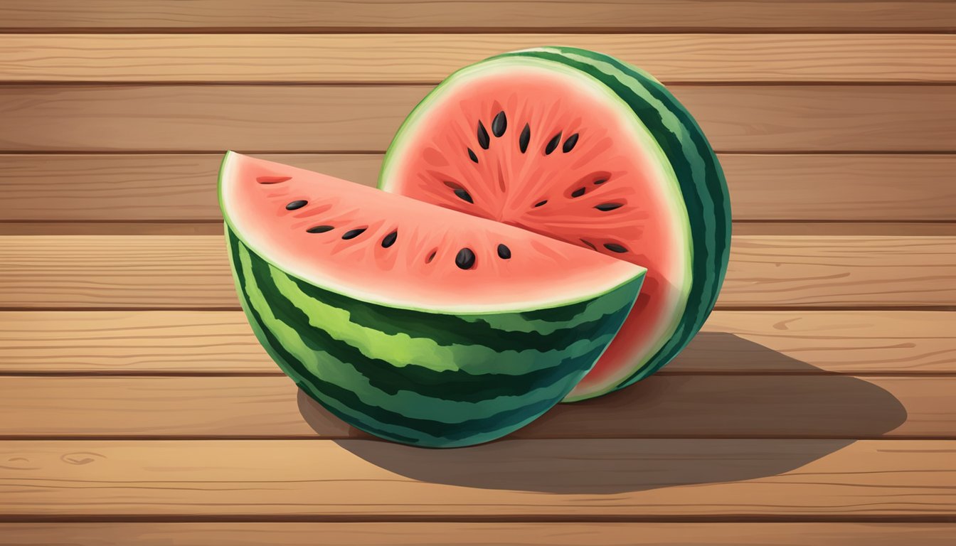 A watermelon and a cantaloupe sit side by side on a wooden table, their vibrant colors and distinct textures contrasting against each other