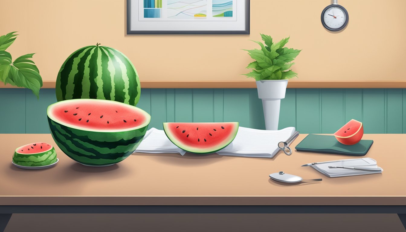 A doctor's office with a bowl of watermelon and a stool sample on a table