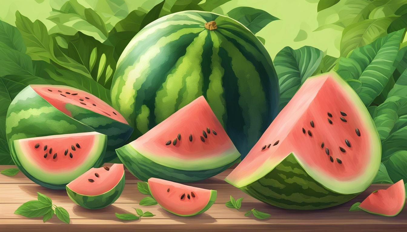 A vibrant watermelon and cantaloupe sitting on a wooden cutting board, surrounded by lush green leaves and a scattering of seeds