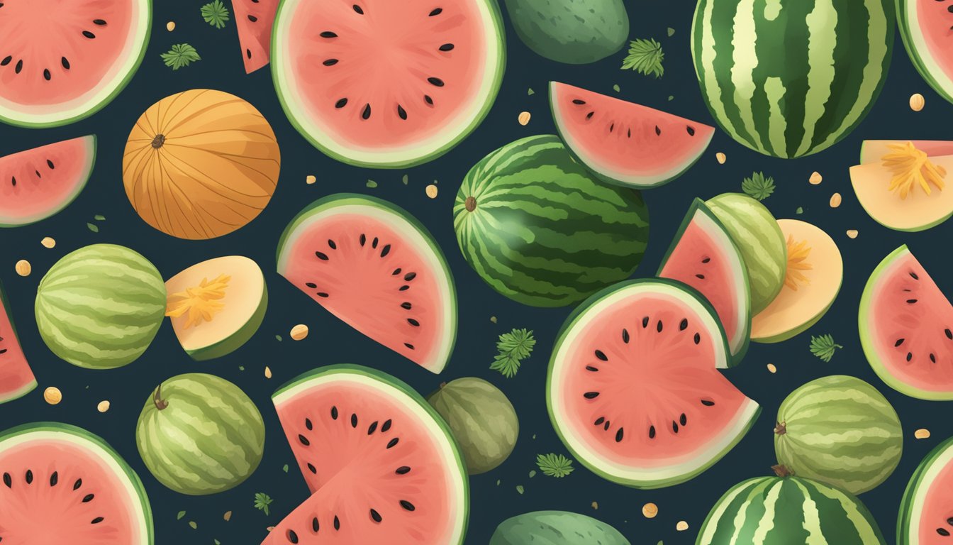 A watermelon and a cantaloupe sitting on a wooden table, surrounded by scattered seeds and a few slices of each fruit