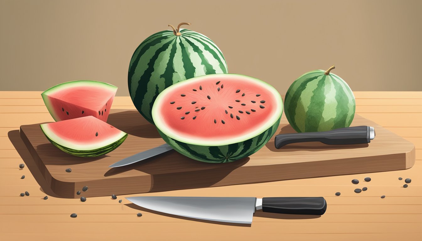 A watermelon and a cantaloupe sit side by side on a wooden cutting board, surrounded by scattered seeds and a chef's knife